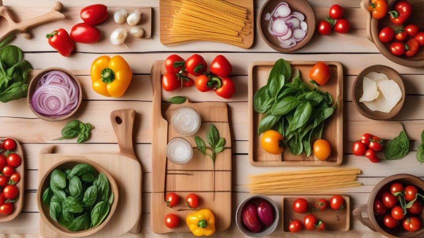 Набор свежих продуктов для кухонного конструктора на деревянном столе