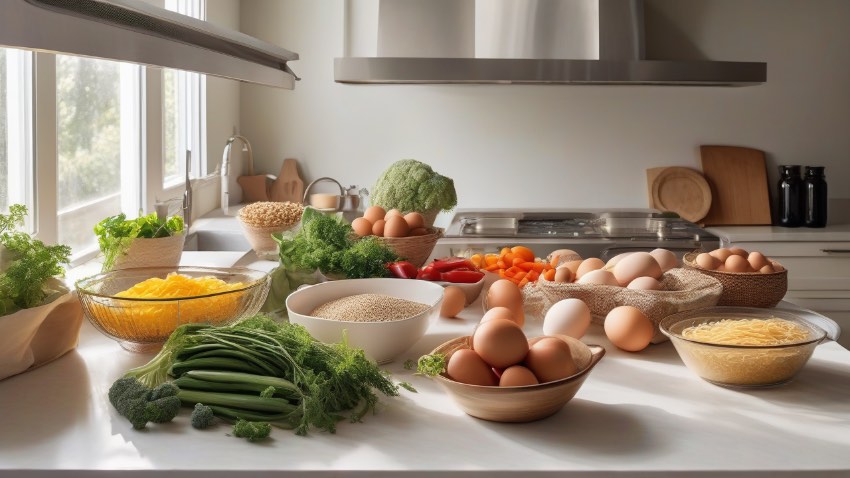 Организованные продукты на кухонном столе как основа для системного планирования питания