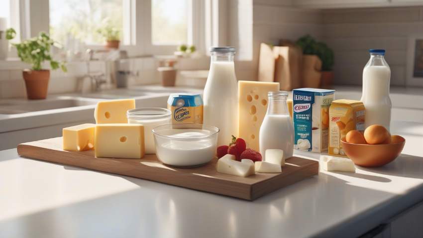 Набор молочных продуктов на кухонном столе как символ планирования семейного бюджета