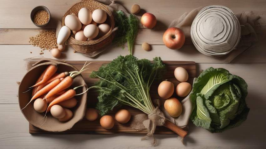 Набор доступных и полезных сезонных продуктов: овощи, бобовые и яйца на деревянном столе.
