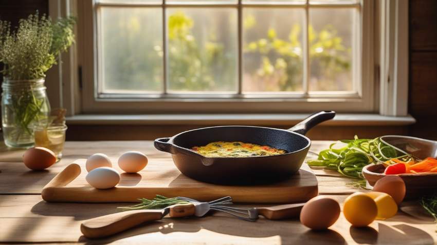 Кухонный стол с продуктами для приготовления простых и бюджетных блюд из яиц