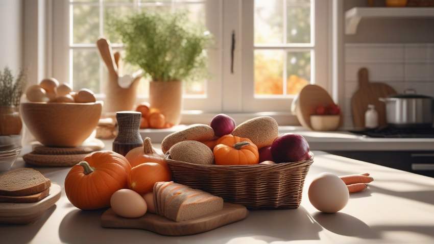 Сбалансированная продуктовая корзина с сезонными овощами и качественными продуктами на кухонном столе