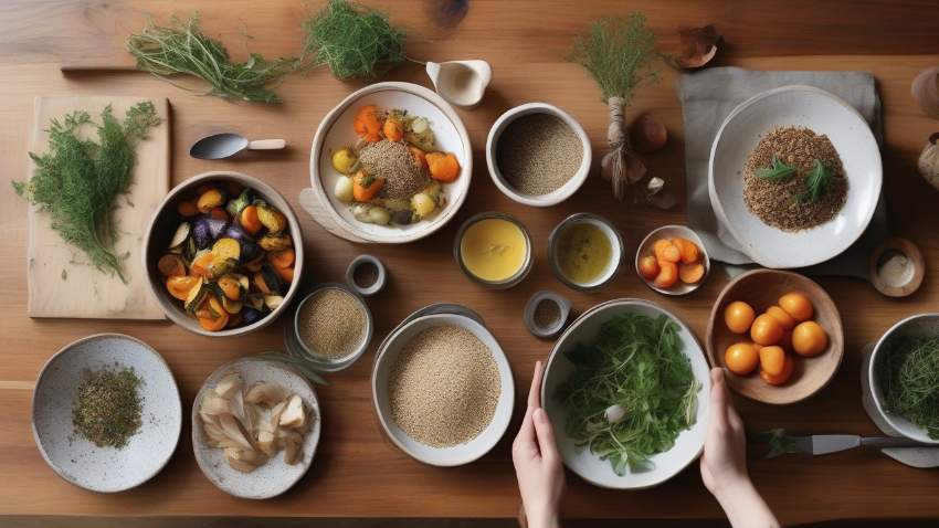 Красиво сервированное блюдо, приготовленное из остатков продуктов на светлой деревянной столешнице.