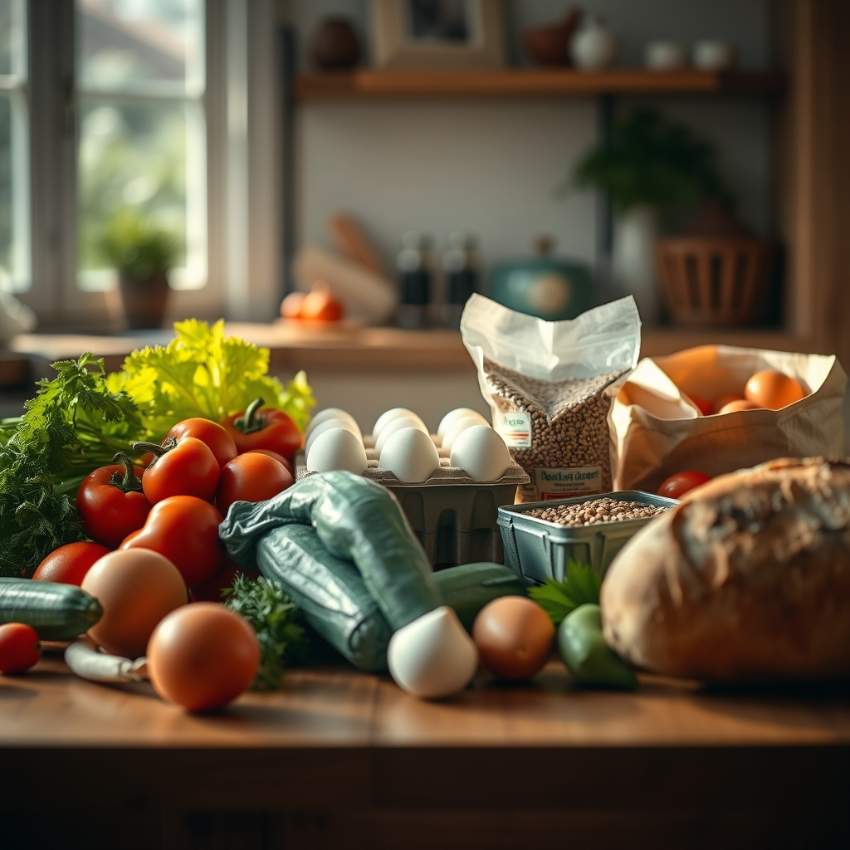 Набор доступных продуктов на деревянном столе для планирования бюджетного питания