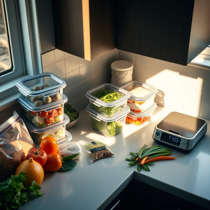 Организованные контейнеры и вакуумные пакеты с заготовками еды на кухонном столе