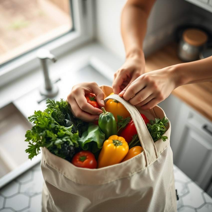 Человек аккуратно складывает свежие продукты в сумку, оптимизируя процесс покупок для семейного бюджета.