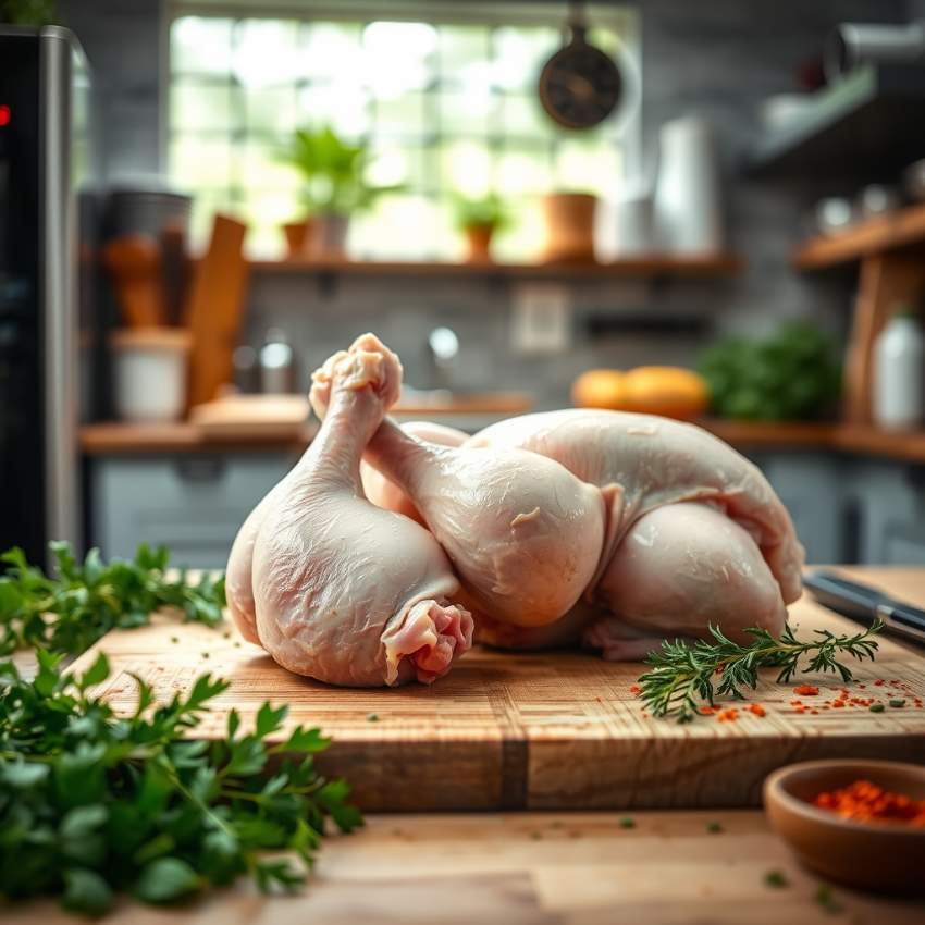 Сырая курица: голени и целая тушка на деревянной доске в процессе подготовки к готовке