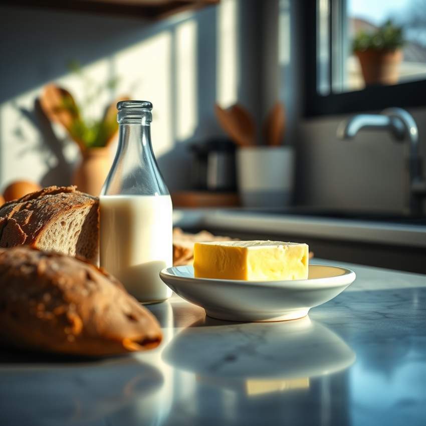 Бутылка натурального молока и сливочное масло на кухне крупным планом
