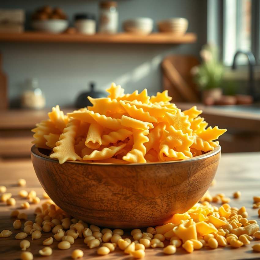 Качественные макароны из твердых сортов пшеницы в деревянной чаше на кухонном столе