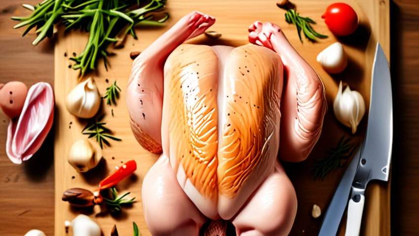 Разделанная на деревянной доске свежая курица на филе, голени и суповой набор