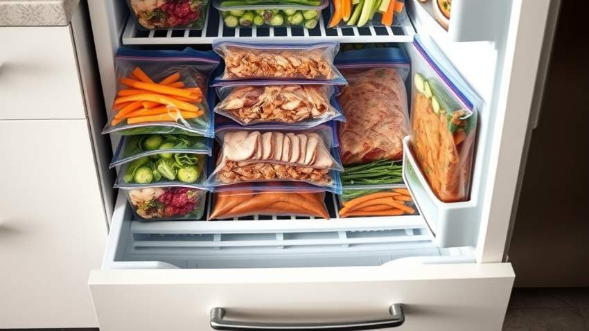 Прозрачные контейнеры и пакеты с порционными заготовками продуктов в морозильной камере
