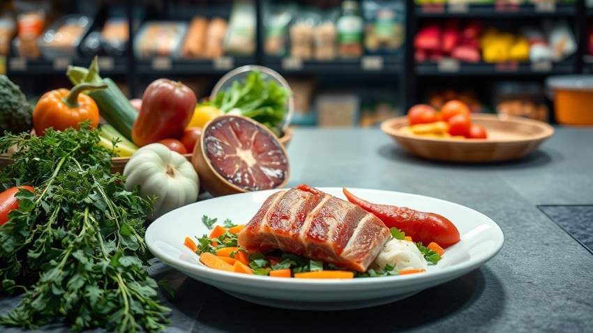 Кухонный стол с домашней едой и свежими продуктами на фоне размытых магазинных полок.