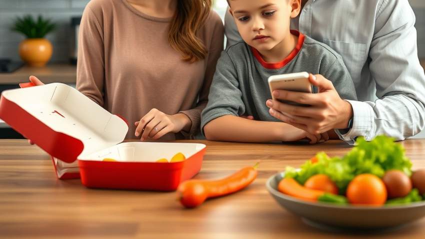 Родители смотрят на подростка со смартфоном, на столе готовая еда и свежие продукты