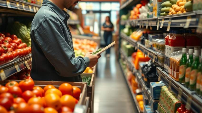 Человек осматривает ценники на продукты в супермаркете, символизируя контроль цен и планирование бюджета.