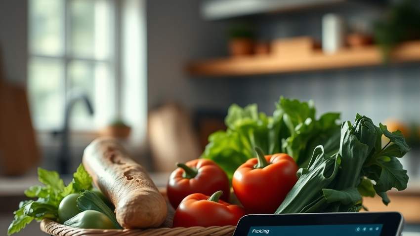 Корзина с продуктами на фоне аналитического планшета, символизирующая контроль цен
