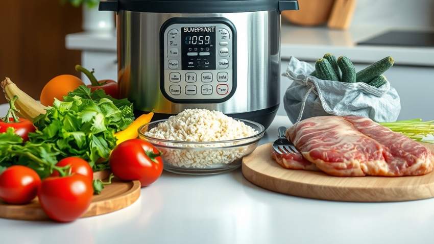 Мультиварка на кухонном столе, окруженная свежими продуктами, символизирующая быстрое и экономное приготовление домашней еды.